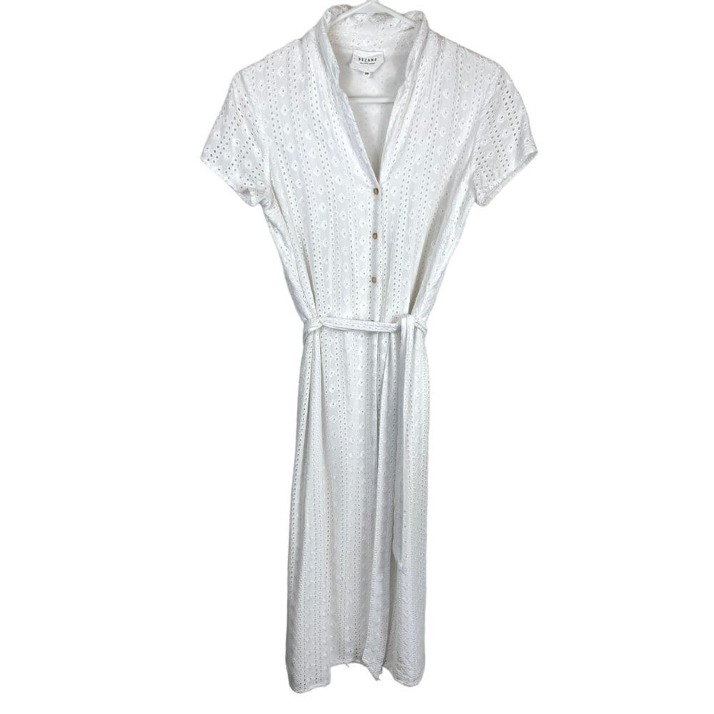 Sezane Eyelet Embroidery Short Sleeve Button Front Belted Dress White 36 (US 4)